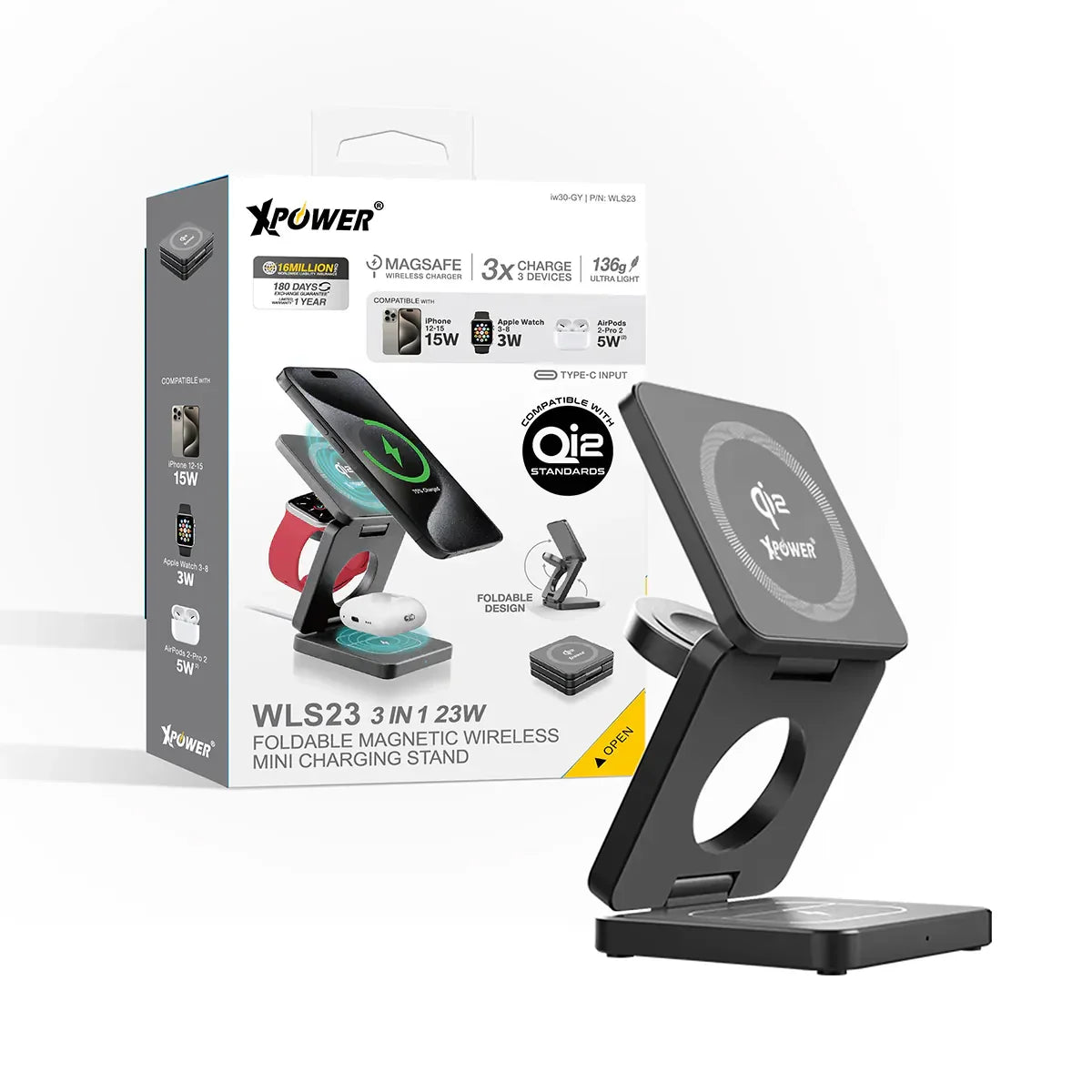 Xpower 23W 3in1 Foldable Magsafe Wireless Charging Stand - Grey - Tashqila Xpower 23W 3in1 Foldable Magsafe Wireless Charging Stand - Grey - Tashqila